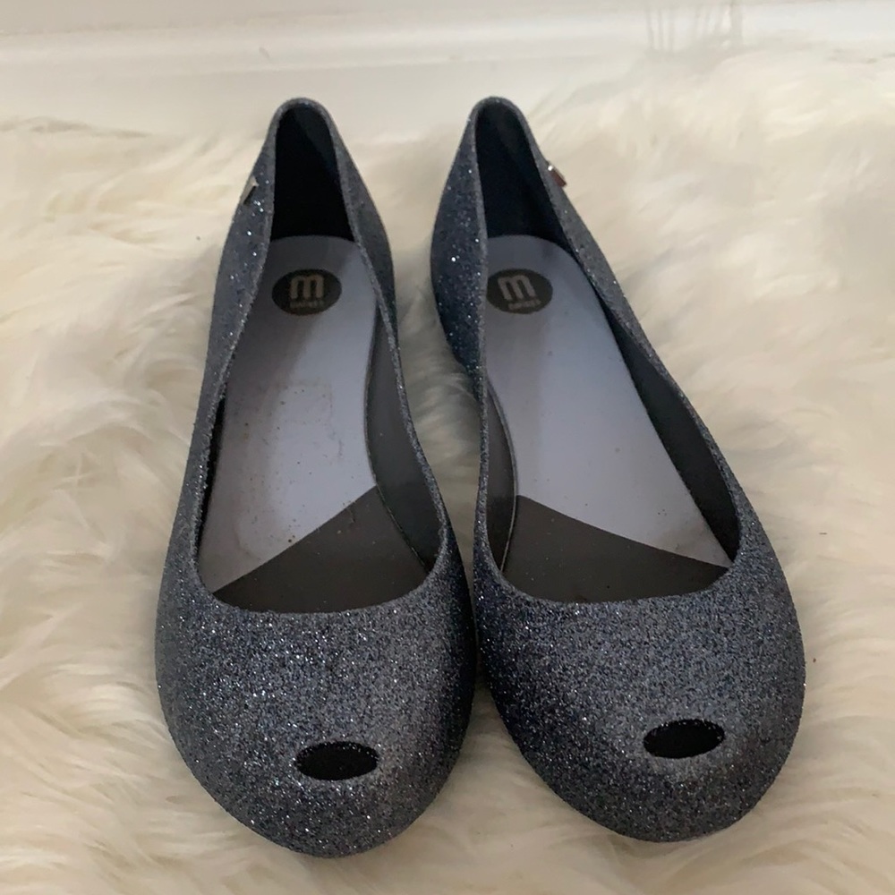 Melissa Grey Blue Glitter Flats With Peep Toe